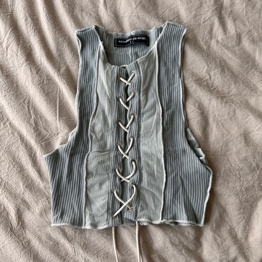 MANIERE DE VOIR MESH PANEL LACE UP CROP TOP - PALE BLUE
